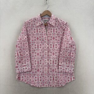 Foxcroft Shirt Womens Medium Pink Hibiscus Floral Button Up Long Sleeve Preppy